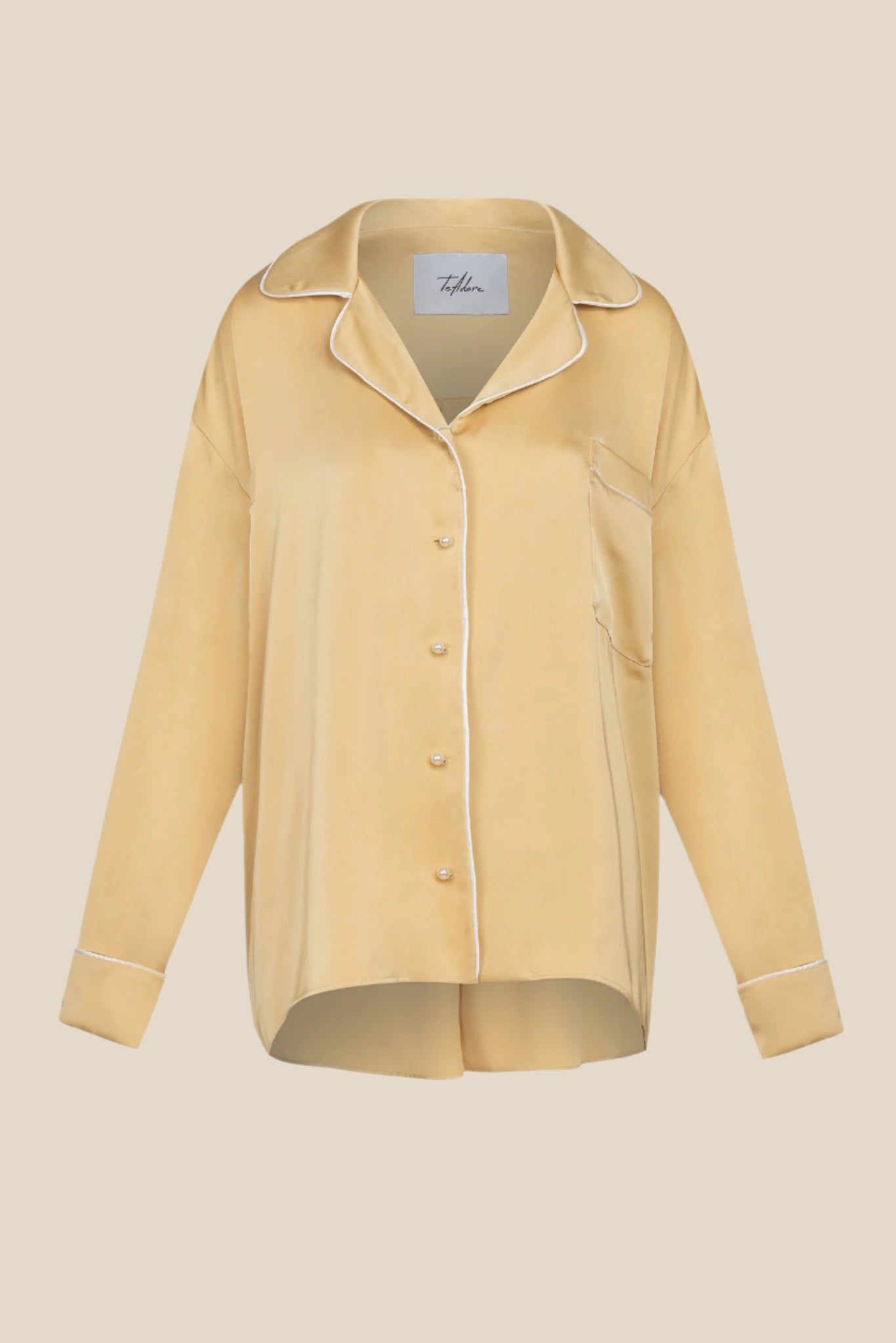 Дамска сатенена парти пижама - риза и дълъг панталон в златен цвят с бял кант  от теадоре