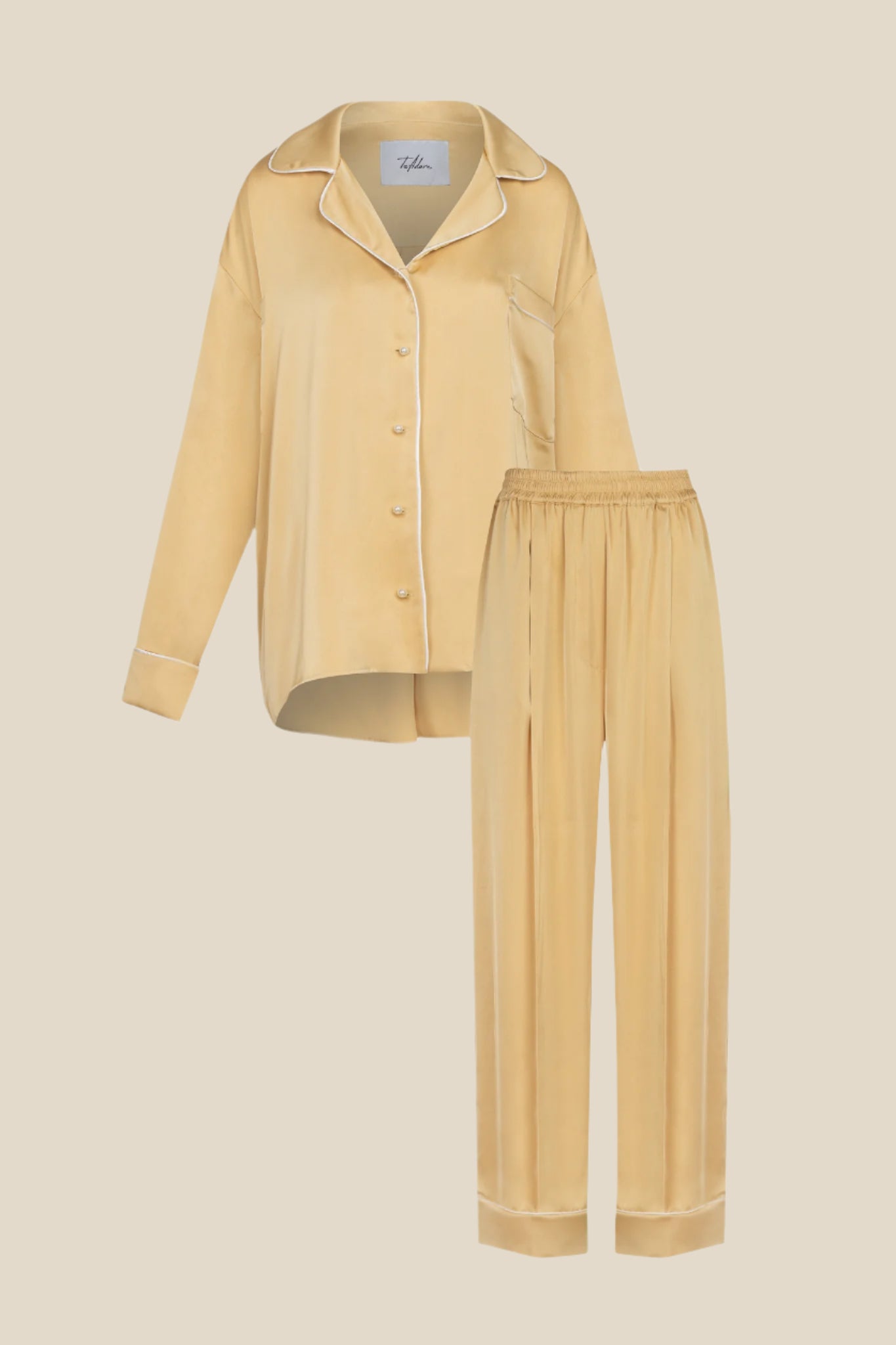 Дамска сатенена парти пижама - риза и дълъг панталон в златен цвят с бял кант  от теадоре