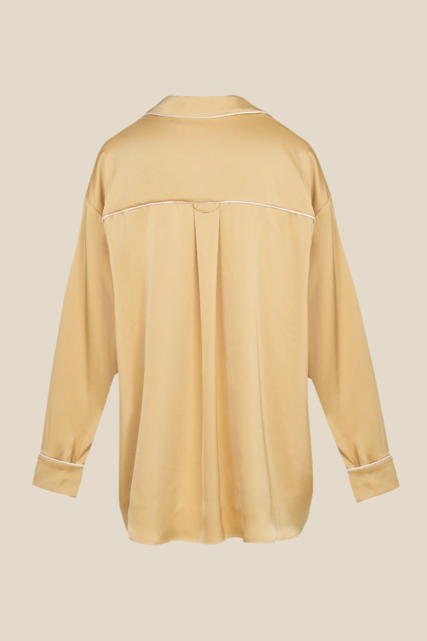 Дамска сатенена парти пижама - риза и дълъг панталон в златен цвят с бял кант  от теадоре