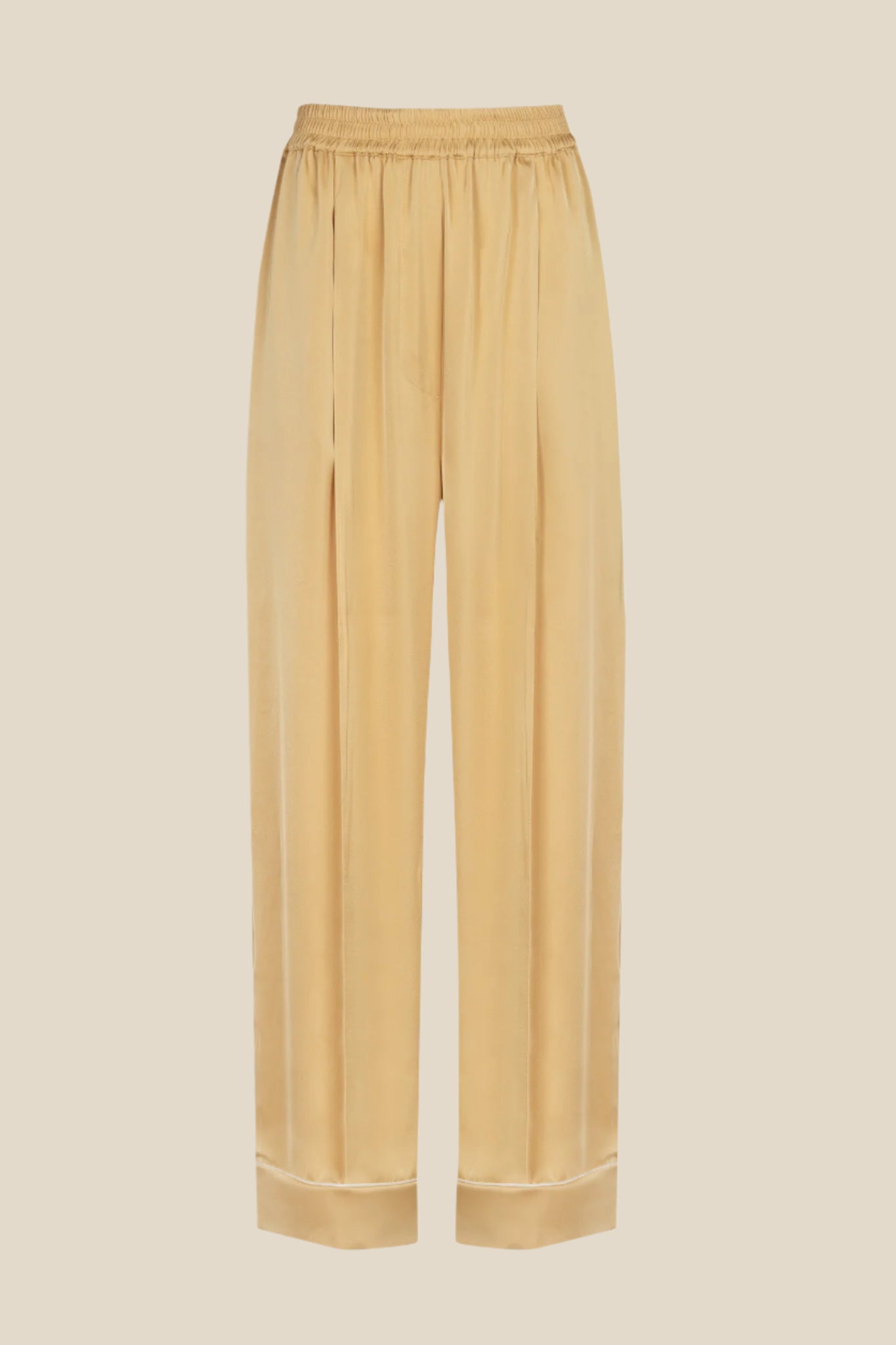 Дамска сатенена парти пижама - риза и дълъг панталон в златен цвят с бял кант  от теадоре