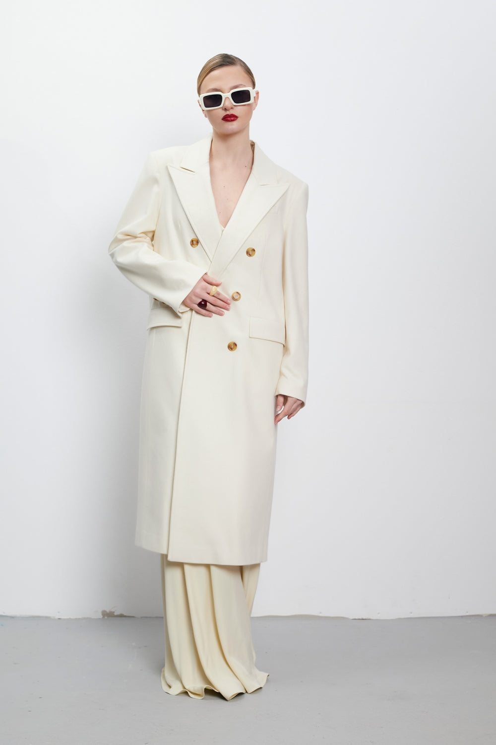 Double-breasted wool and alpaca coat in milky white on bulgarian designer Teadore P