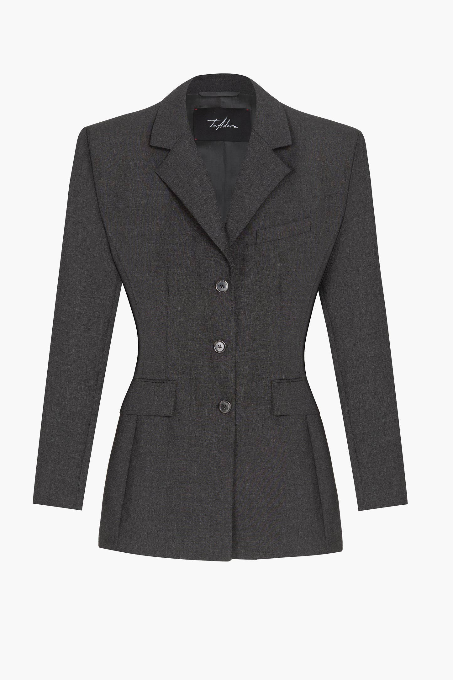 Tailored graphite merino wool blazer with padded shoulders and adjustable back strap by TeAdore.