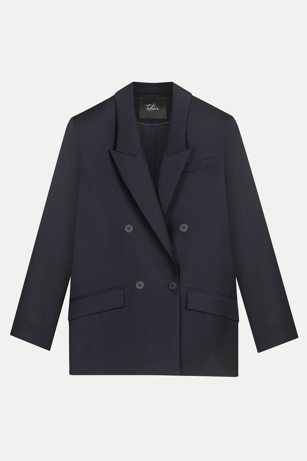 Elegant 100% virgin wool blazer with padded shoulders and double-breasted design – refined, modern, and versatile.