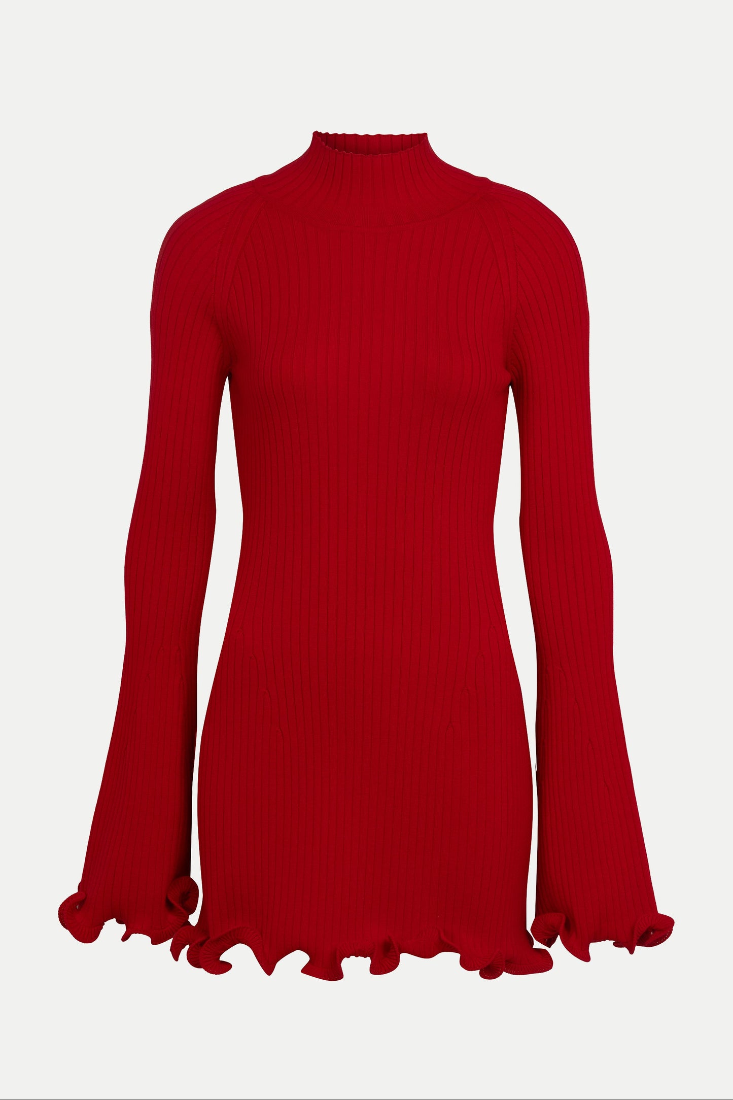 Red dress with long sleeves and ruffled hem on a white background