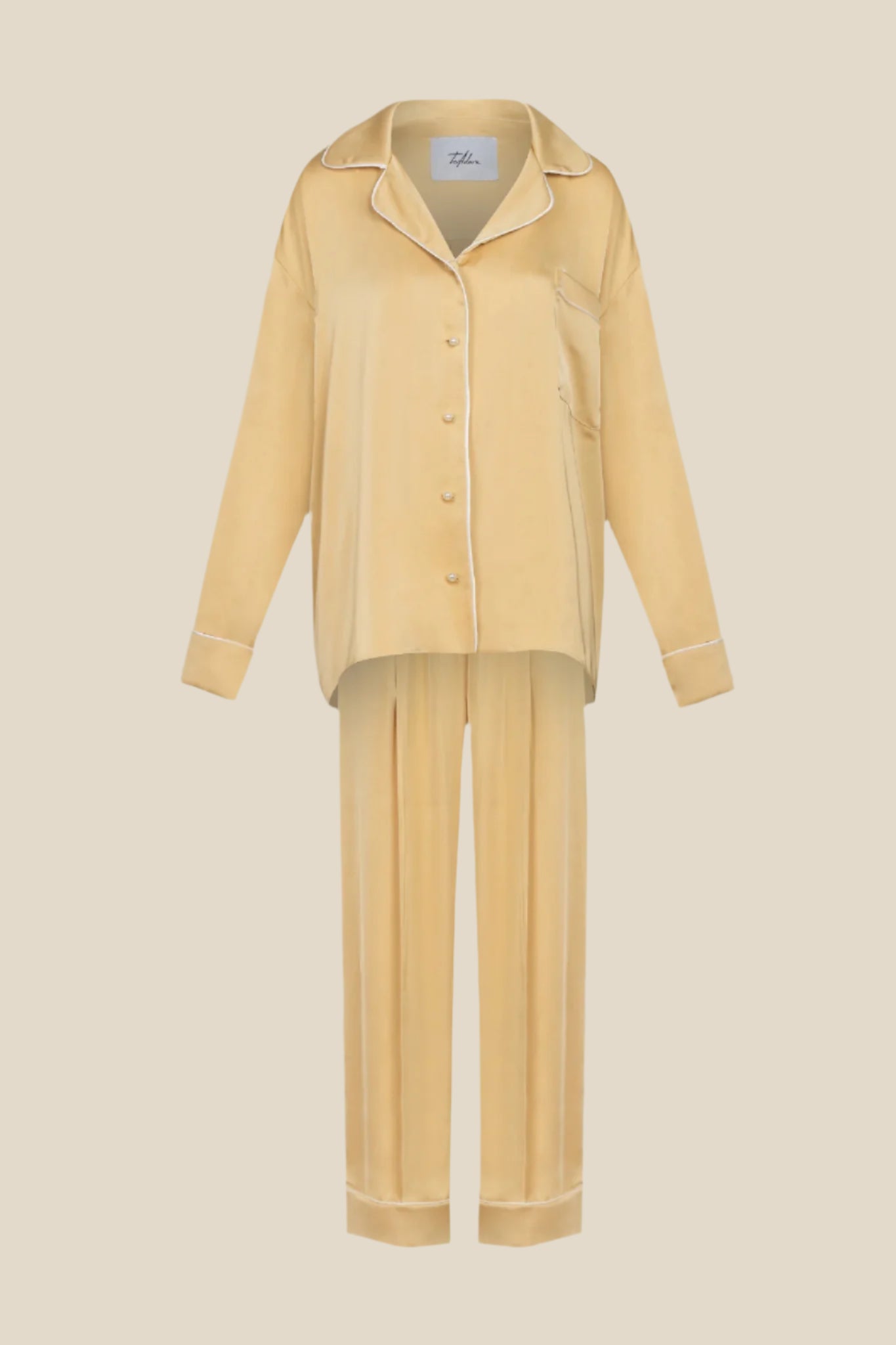 Дамска сатенена парти пижама - риза и дълъг панталон в златен цвят с бял кант  от теадоре 