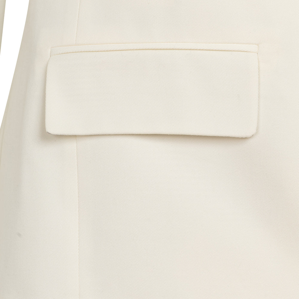 
                  
                    Бяло дамско сако о дънкови бял памучен плат с деконструирана кройка, странично закопчаване и джоб отпред от теадоре
                  
                