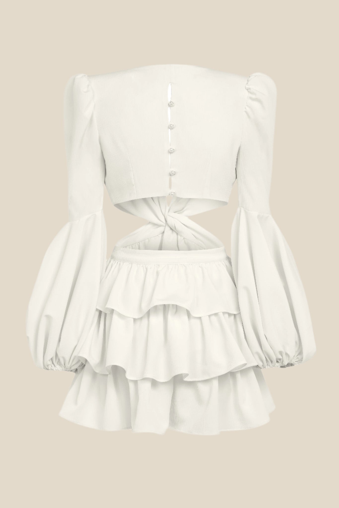 Официална дамска рокля с волани, декоративна катарама и обемни ръкави изработена от 100% бяла коприна от теадоре