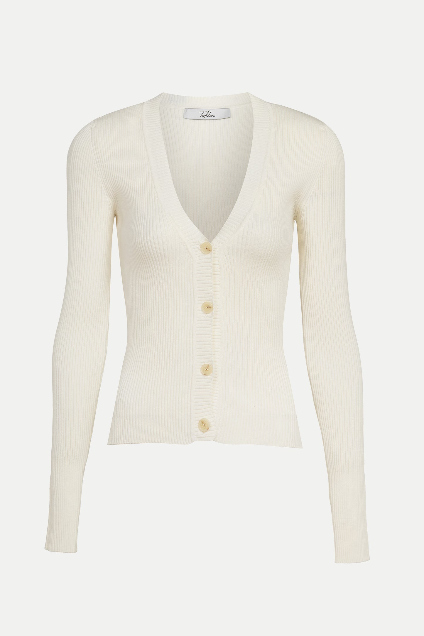 White fine-rib knit cardigan with deep V-neckline, long sleeves, padded shoulders, and front gold button closure - TeAdore.