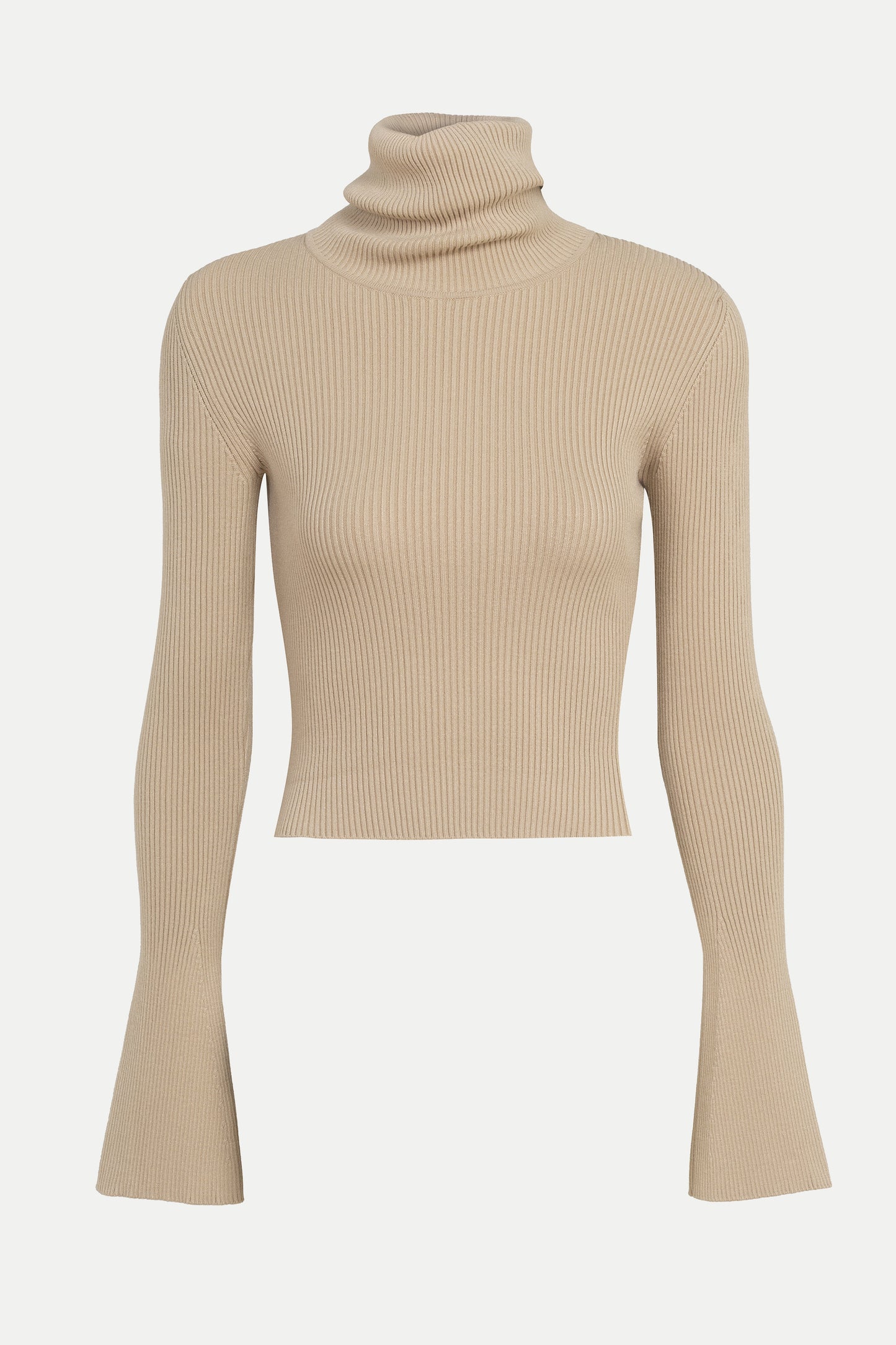Beige sculpted rib-knit high-neck top with extended flared sleeves, cropped length, and padded shoulders - TeAdore.