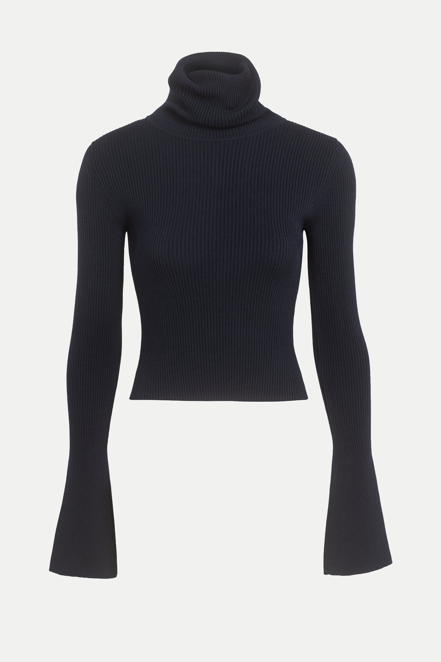 Navy blue sculpted rib-knit high-neck top with extended flared sleeves, cropped length, and padded shoulders - TeAdore.