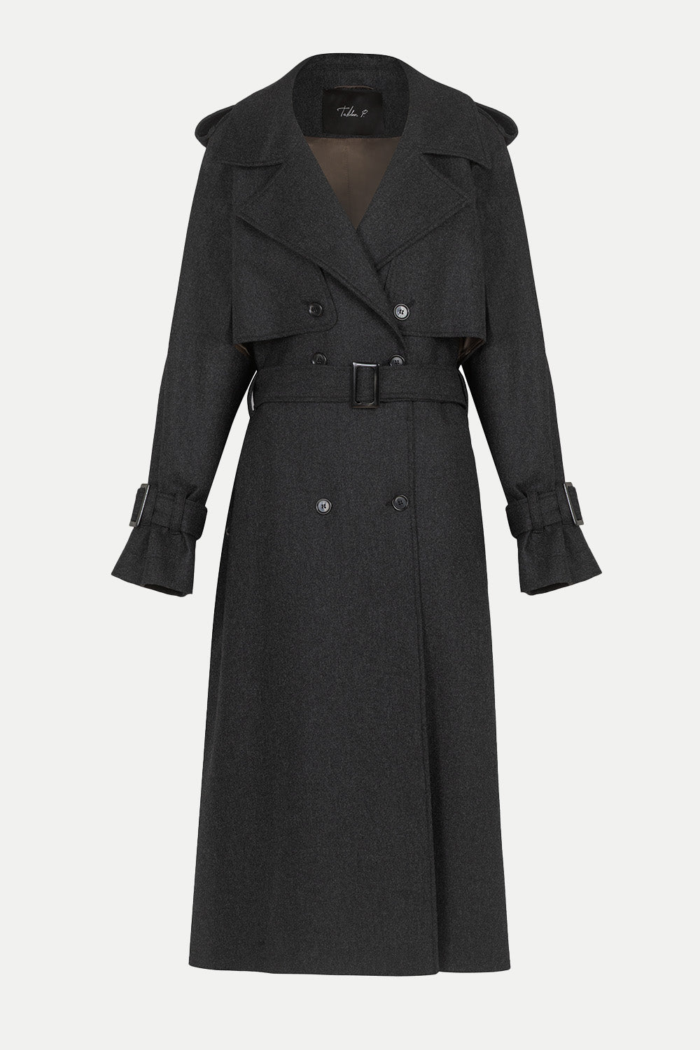 Dark Graphite luxurious cashmere blend trench coat with storm flaps and refined tailoring by TeAdore.