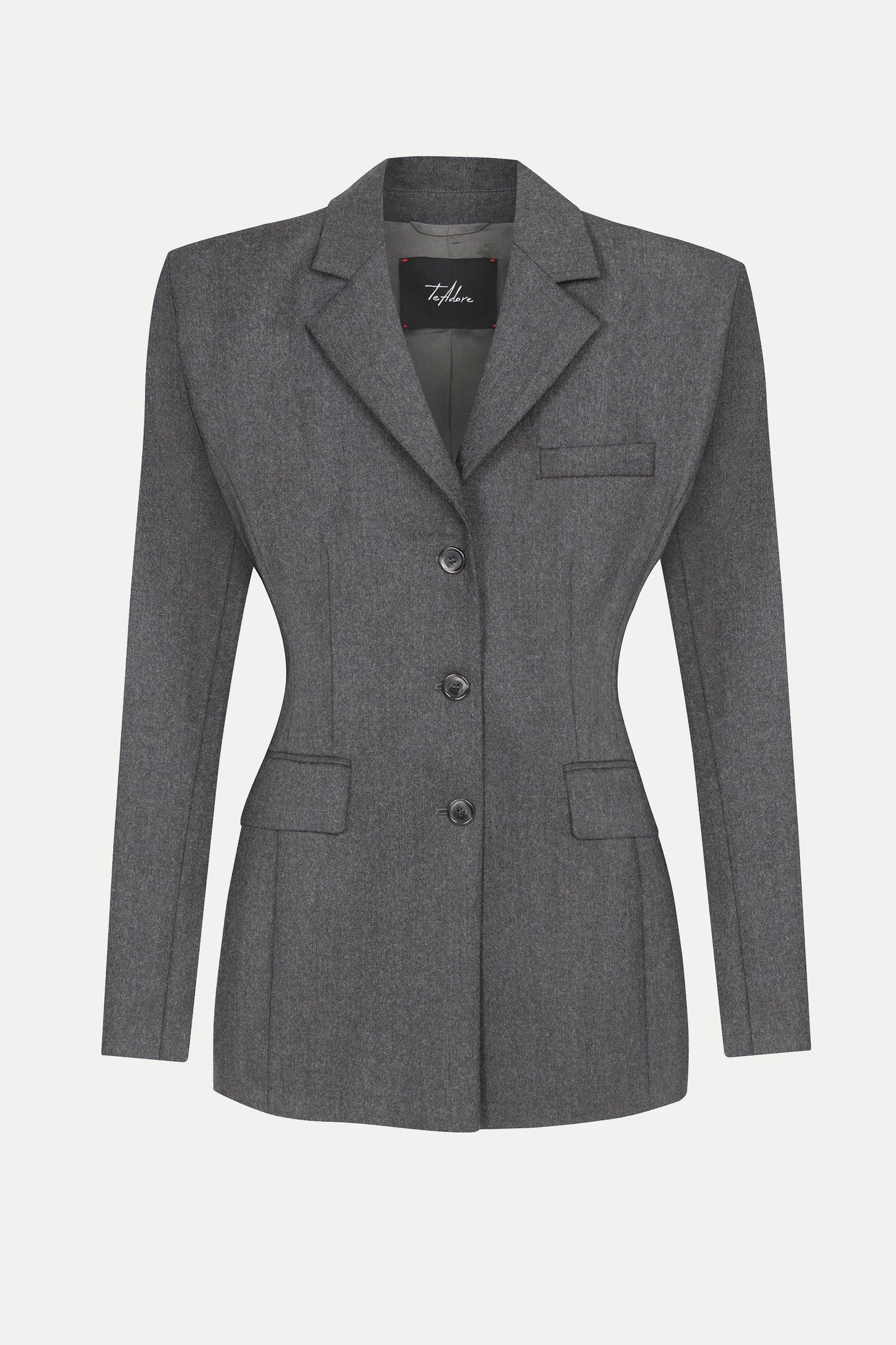 Luxurious graphite cashmere blazer for women, features notched lapels and cinching back strap.