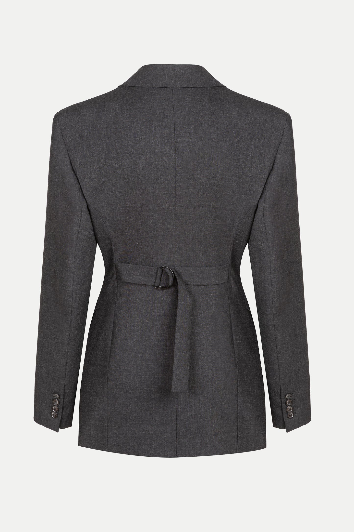 Tailored graphite merino wool blazer with padded shoulders and adjustable back strap by TeAdore.