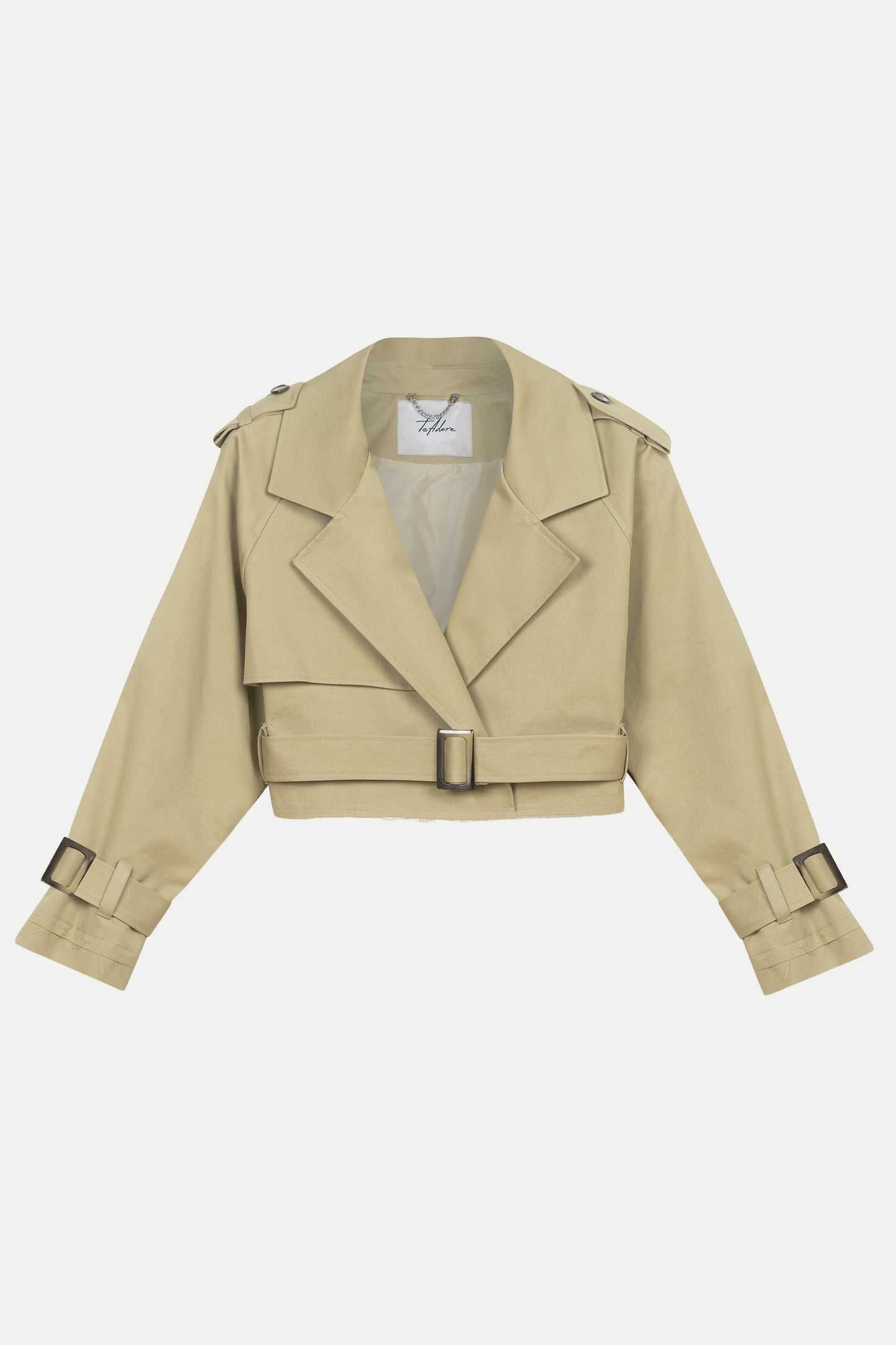 Luxury designer women’s beige cotton trench coat – front view of Arina cropped trench coat in sand beige