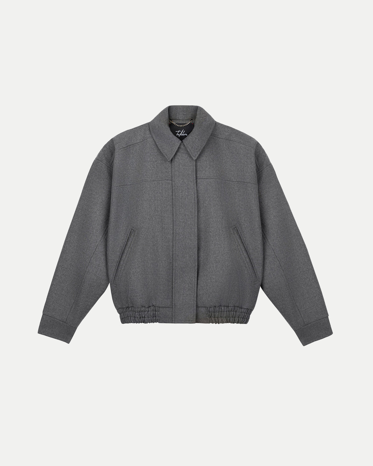 TeAdore oversized brown-grey bomber jacket featuring a classic collar, zip fastening, and elasticated hemline