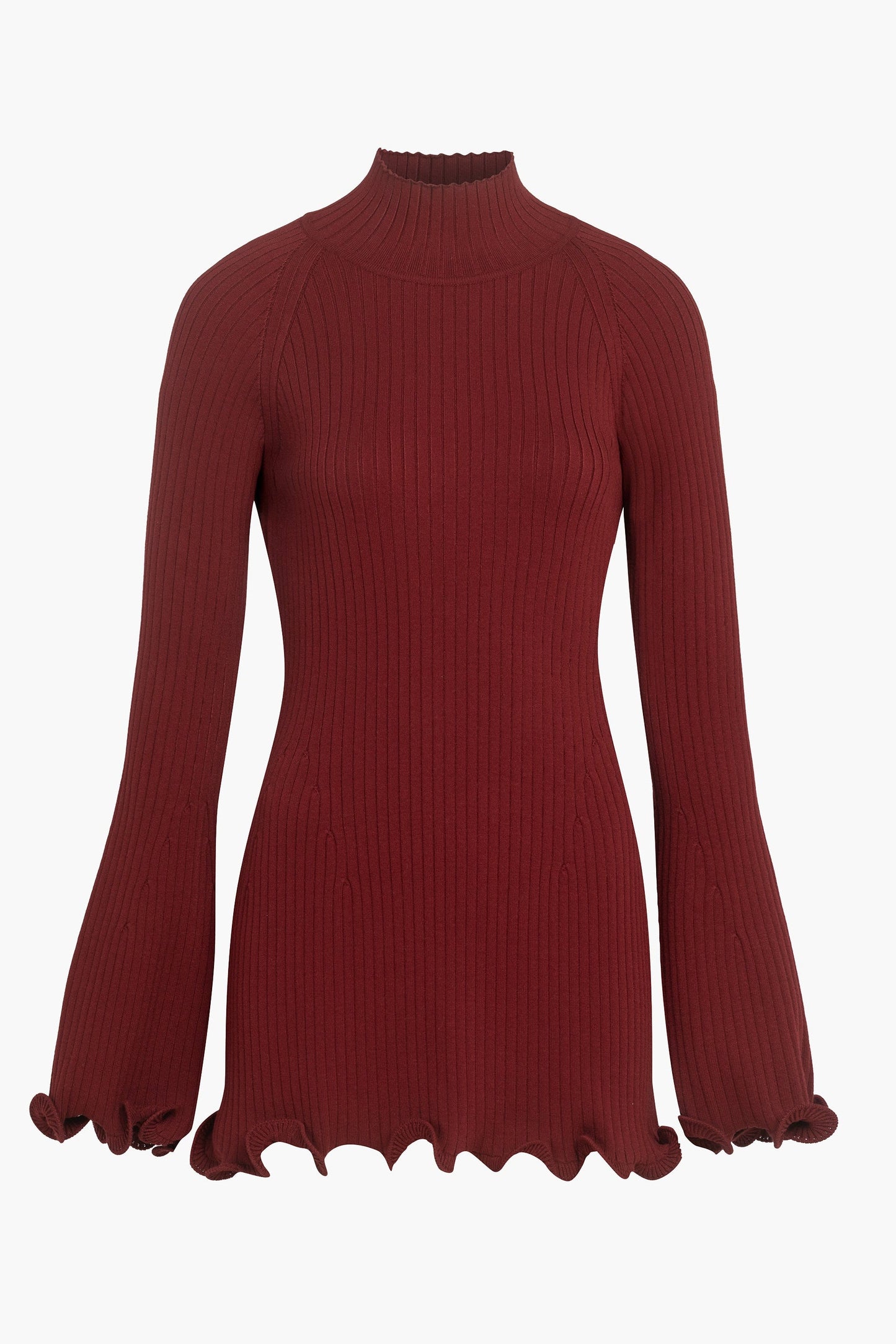 Red ribbed sweater with ruffled cuffs on a white background