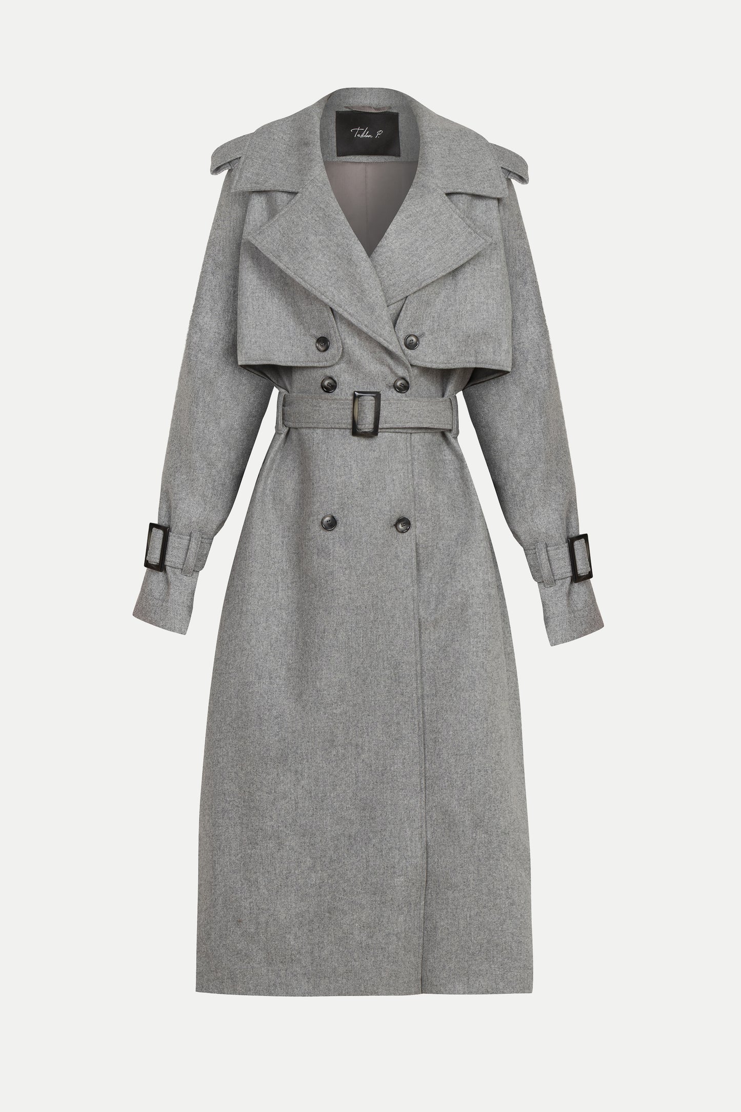 Luxury designer women’s cashmere coat – front view of Valerié double-breasted grey coat in soft cashmere