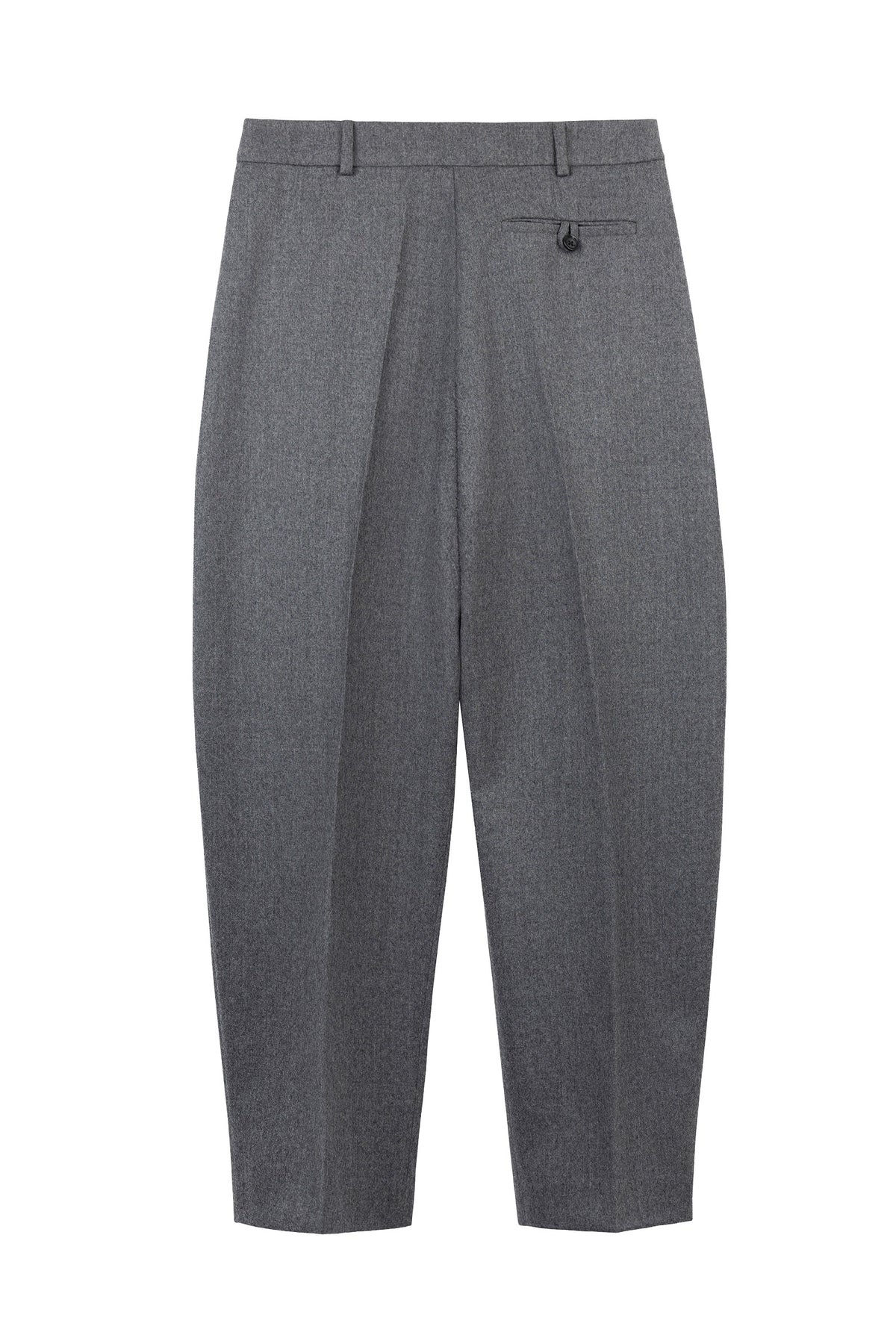 Rear view of TeAdore luxury grey cashmere trousers featuring a welt pocket and belt loops.