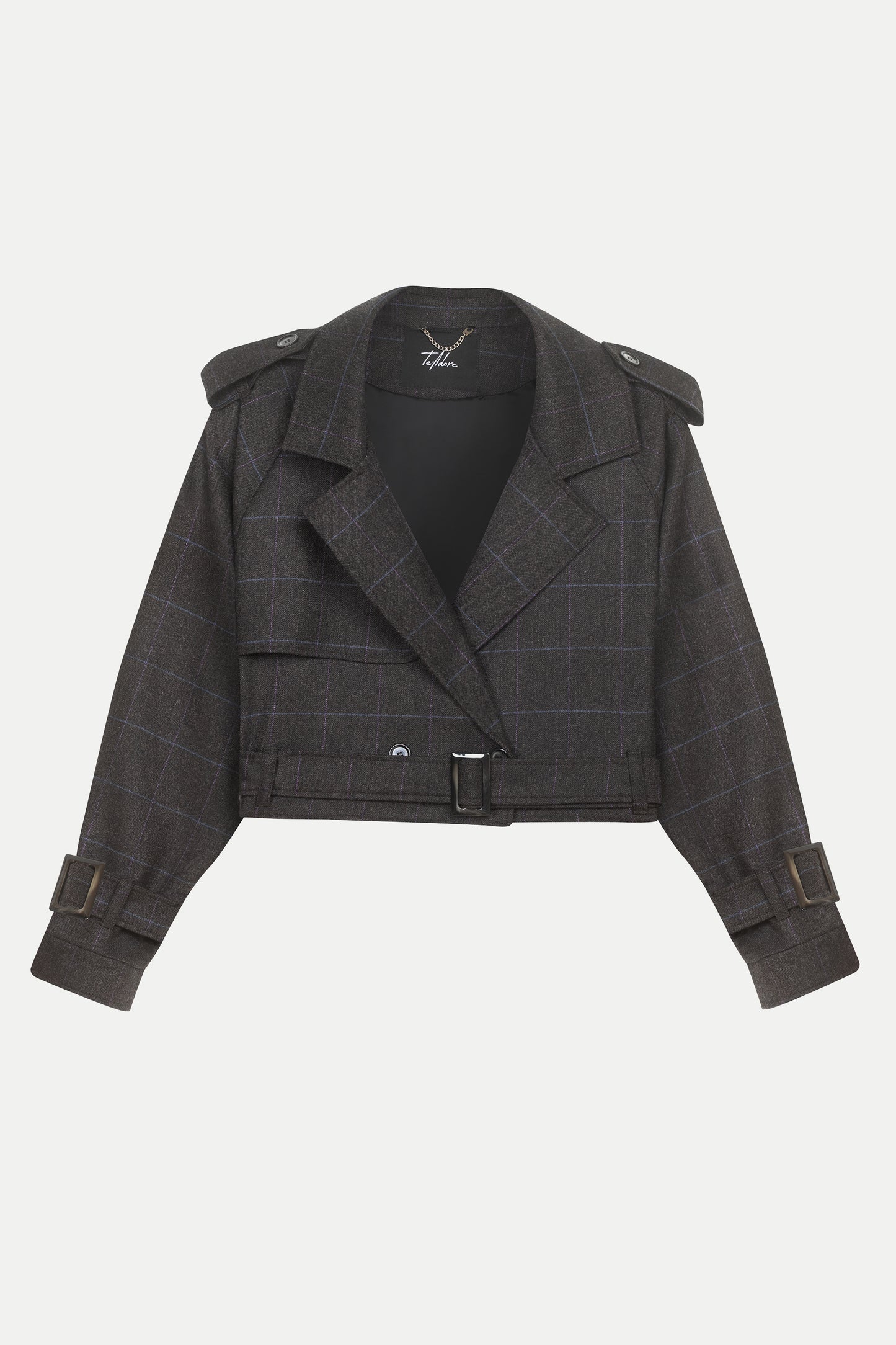 Luxury designer women’s wool & cashmere cropped trench coat – front view of Arina in brown windowpane check