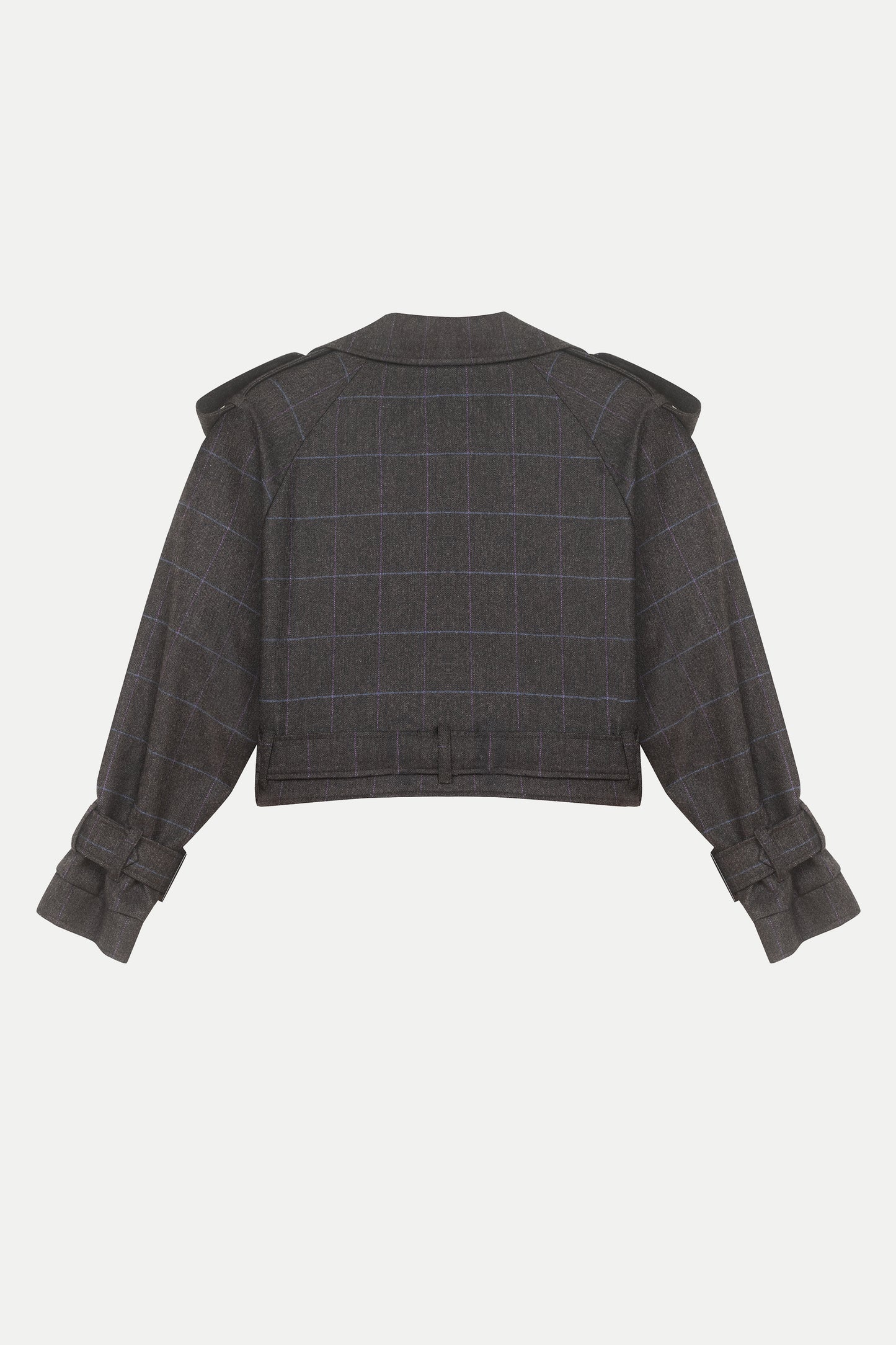 Back view of luxury women’s wool & cashmere cropped trench coat – Arina in brown windowpane check, premium outerwear