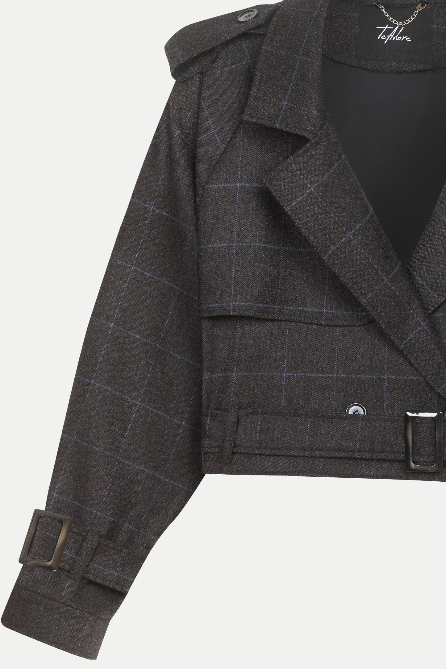 Dark gray checkered jacket with a brand logo on a light gray background