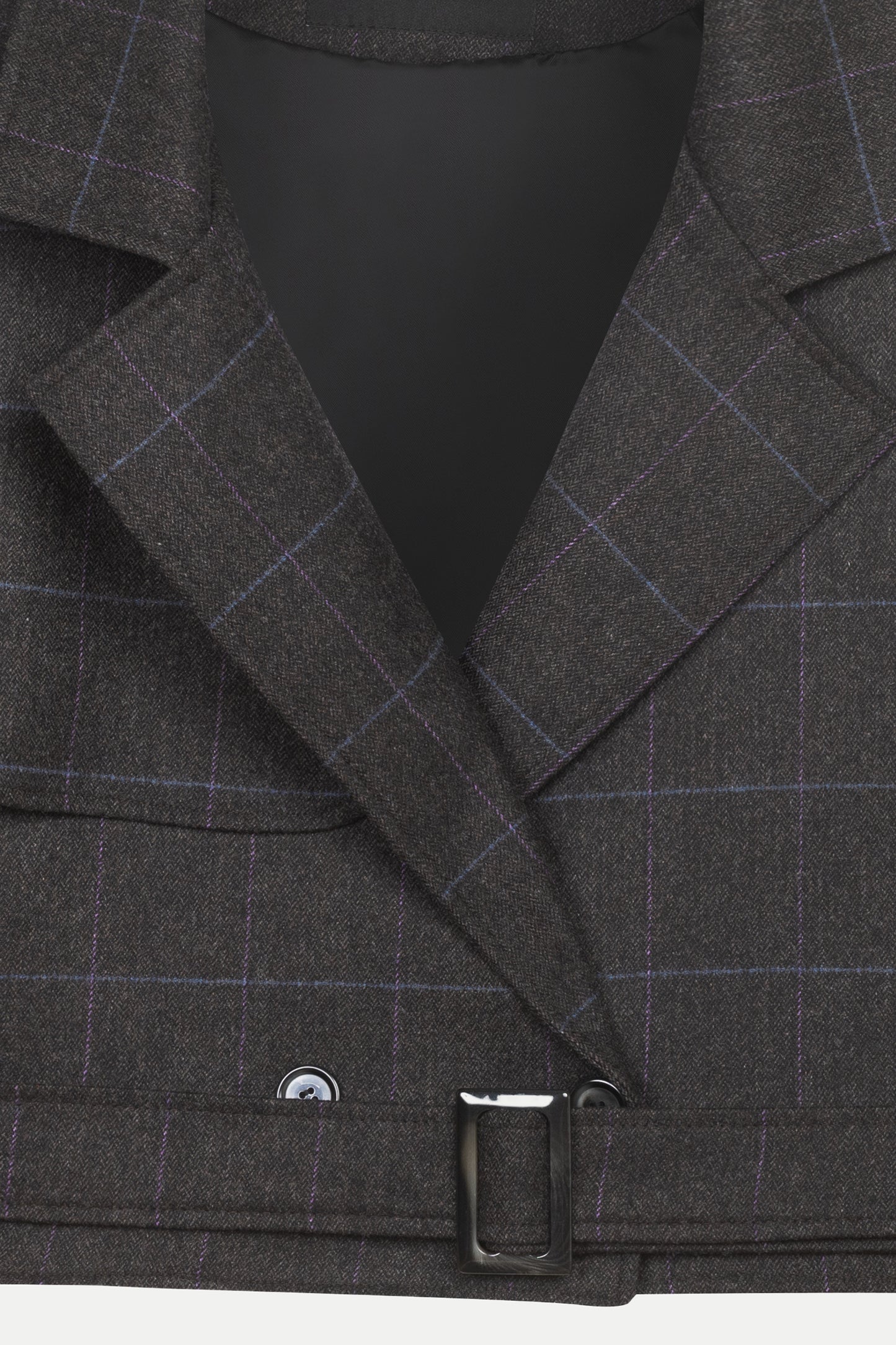 Close-up detail of belt and epaulette on luxury designer wool & cashmere cropped trench coat – Arina