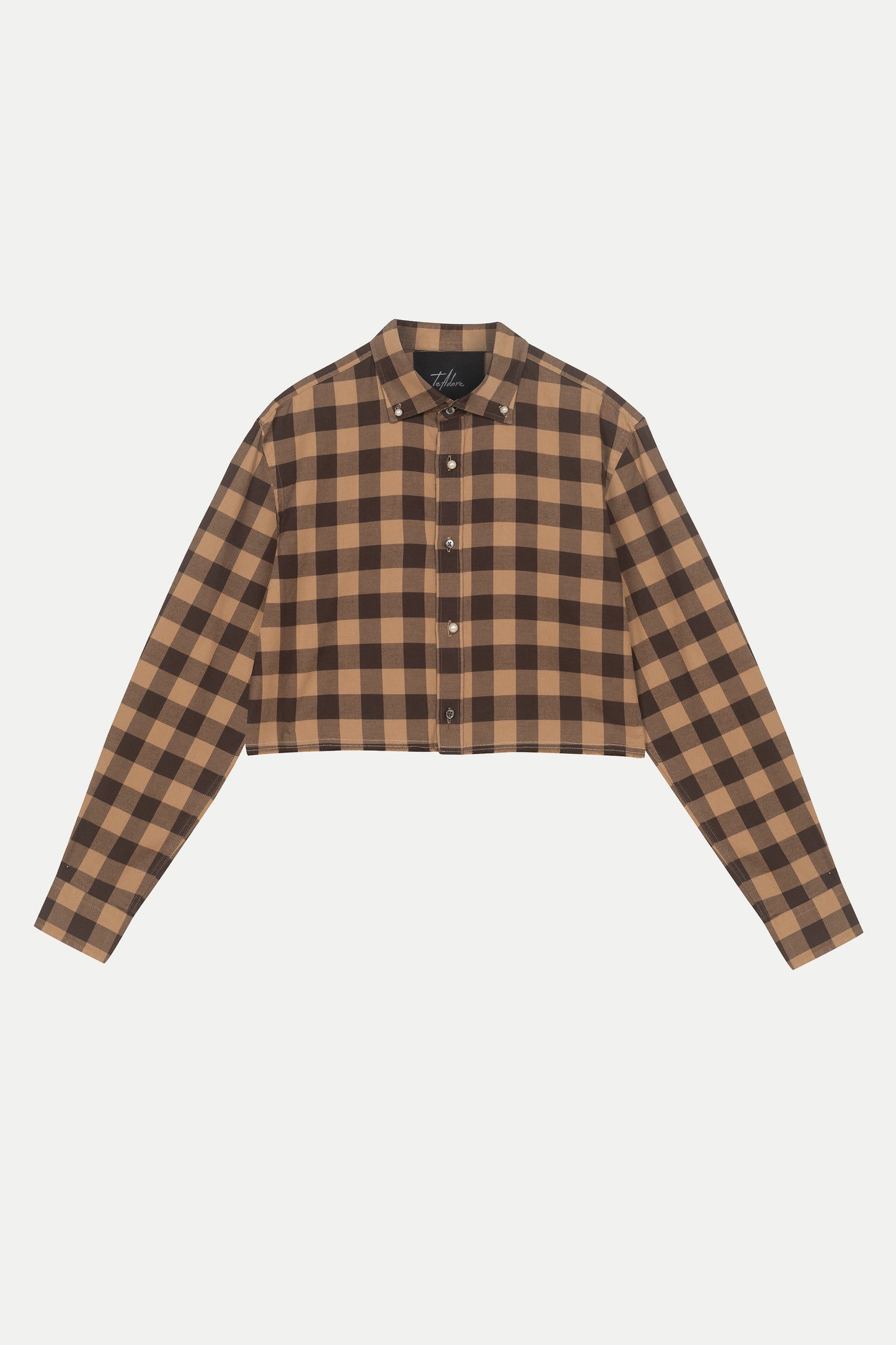 Luxury designer women’s cotton shirt – front view of Tina checkered cropped top in brown pattern