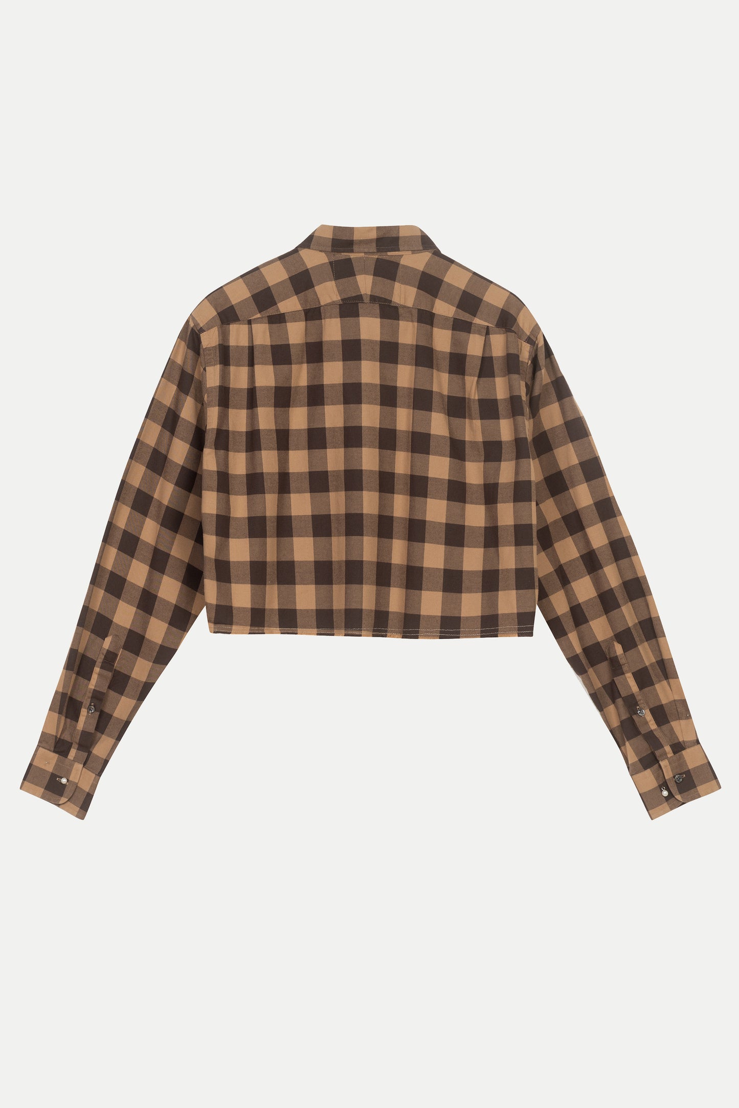 Back view of luxury women’s cotton shirt – Tina cropped checkered top in brown, premium natural fabric