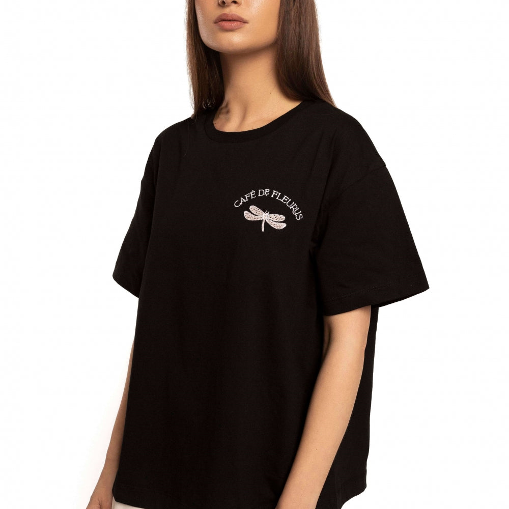 Oversized черен тишърт  с бродерия на водно конче на българския бранд ТеАдоре П