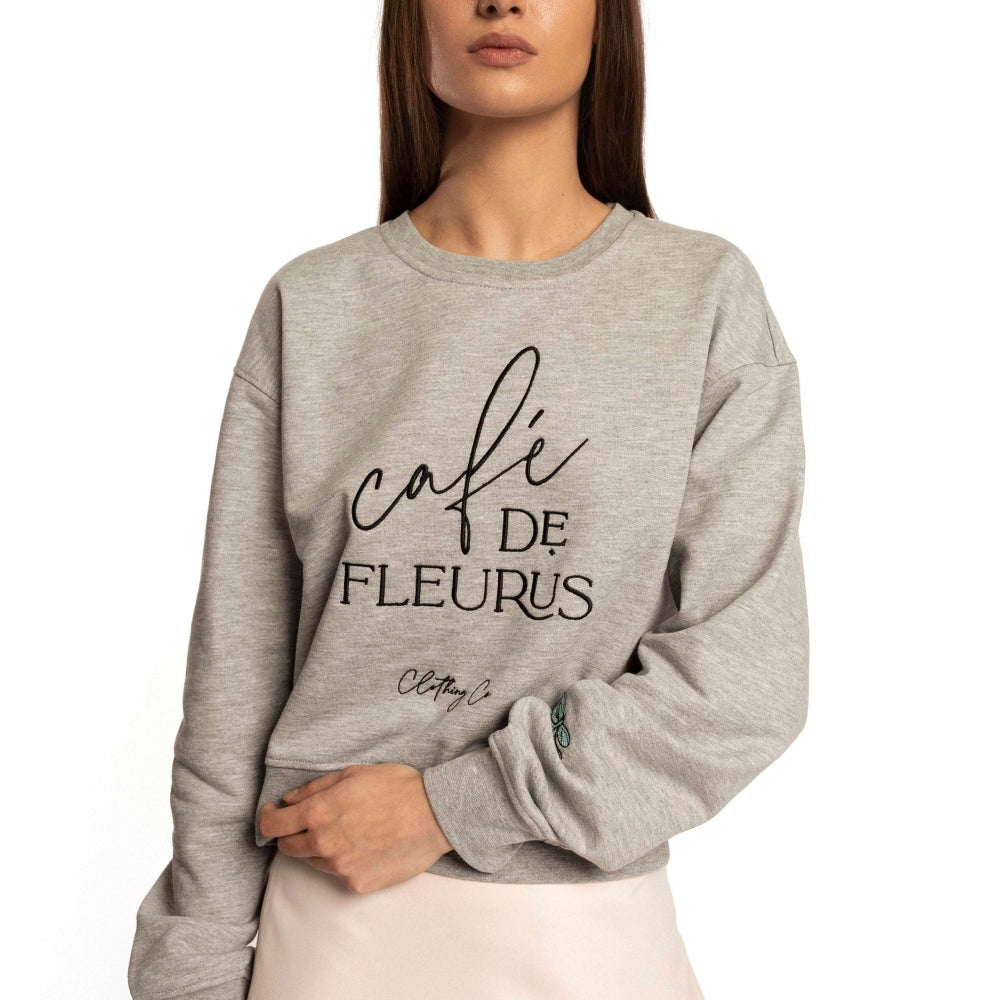 Къс обемен суитшърт с принт Cafe de Fleurus от меко трико в сив цвят ТеАдоре П