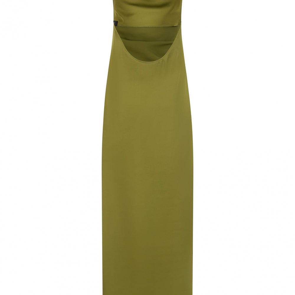 
                  
                    Елегантна дълга рокля с цепка и гол гръб в секси зелен цвят на българската модна марка теадореп
                  
                