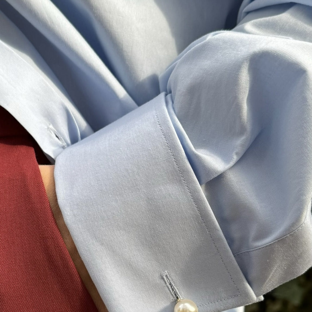 
                  
                    Модерна дамска синя риза с перли на ръкавите teadorep 
                  
                