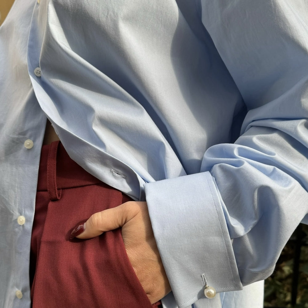 Модерна дамска синя риза с перли на ръкавите teadorep 