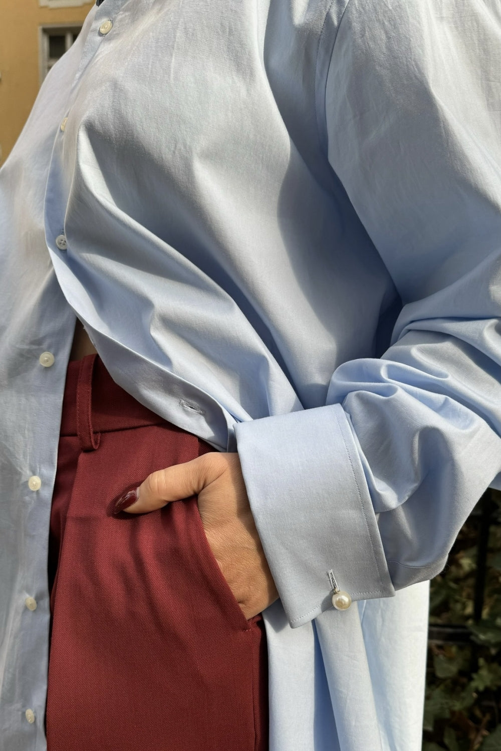 Модерна дамска синя риза с перли на ръкавите teadorep 