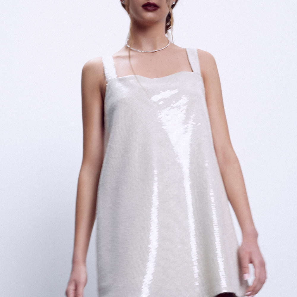 мини секси дамска пайетена рокля за празниците с бежово от теадореп